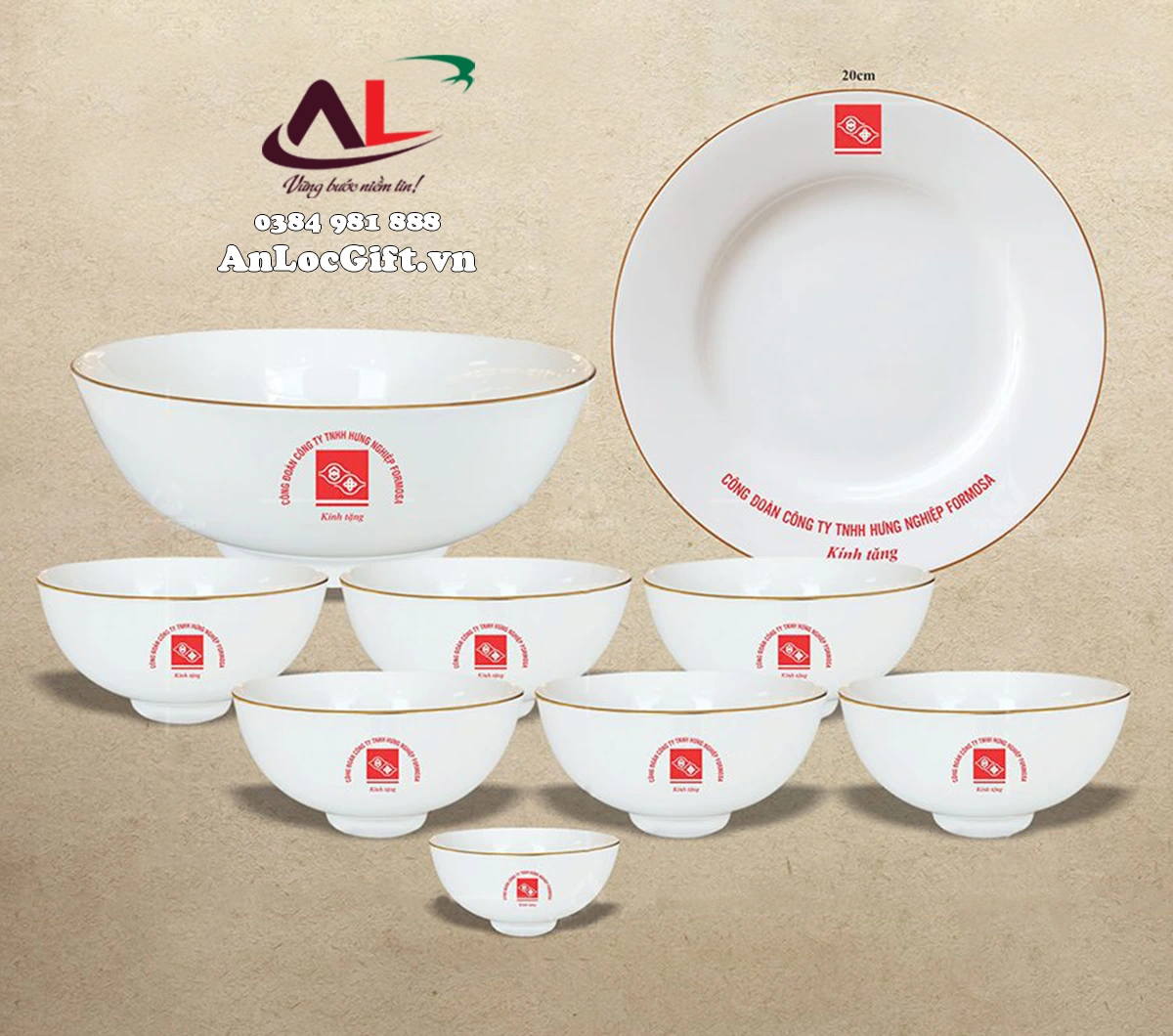 Quà tặng doanh nghiệp 200k: Bộ Bát Đĩa Sứ In Logo